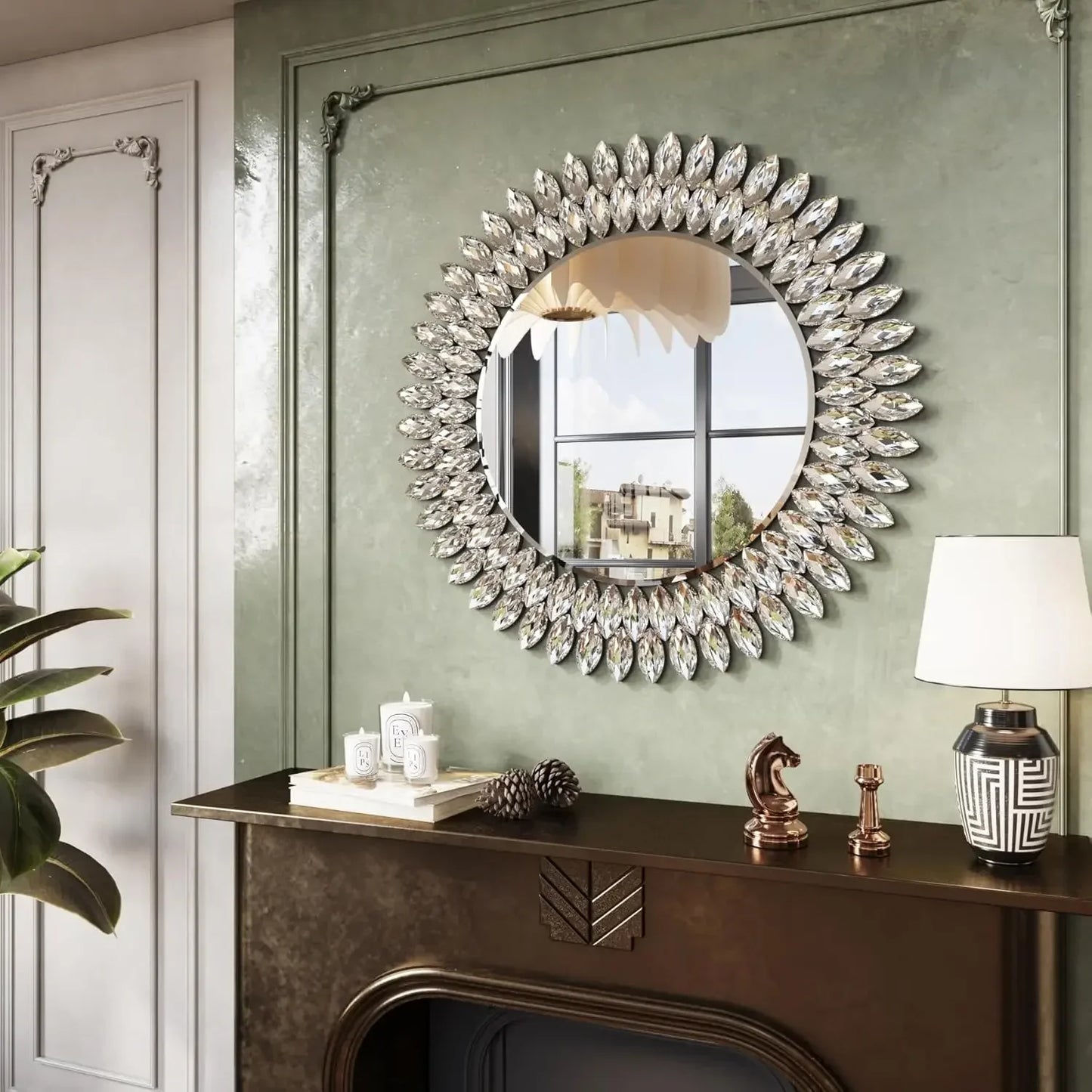 Round Jeweled Wall Mirror Beveled Vanity for Bedroom