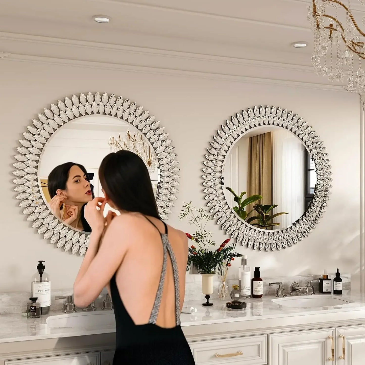 Round Jeweled Wall Mirror Beveled Vanity for Bedroom