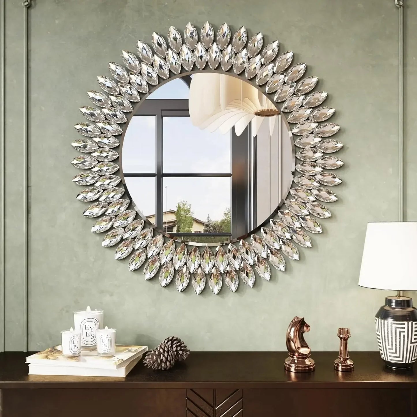 Round Jeweled Wall Mirror Beveled Vanity for Bedroom
