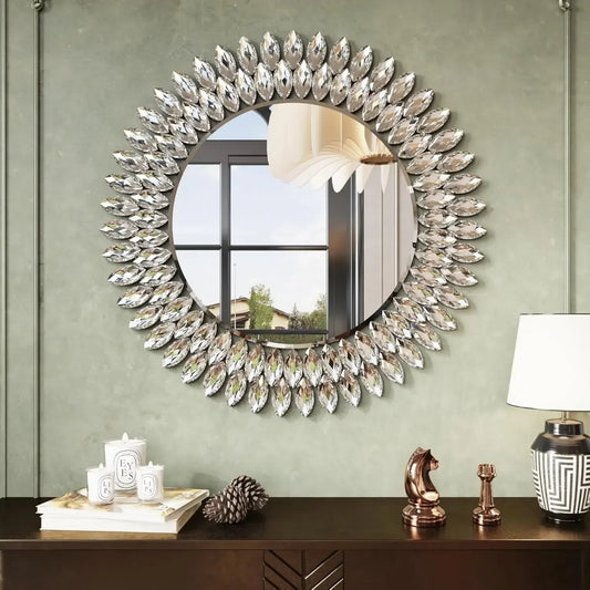 Round Jeweled Wall Mirror Beveled Vanity for Bedroom