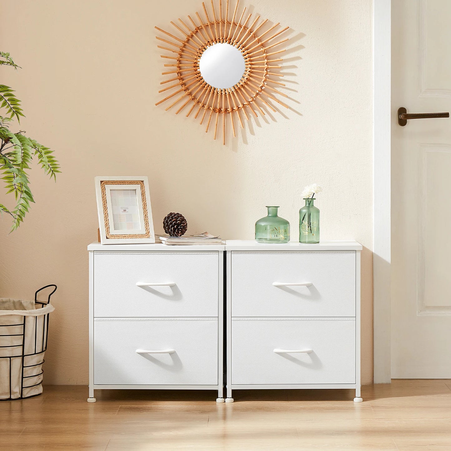 JHK Nightstand Bedside Table With Two Fabric Drawers For Bedroom