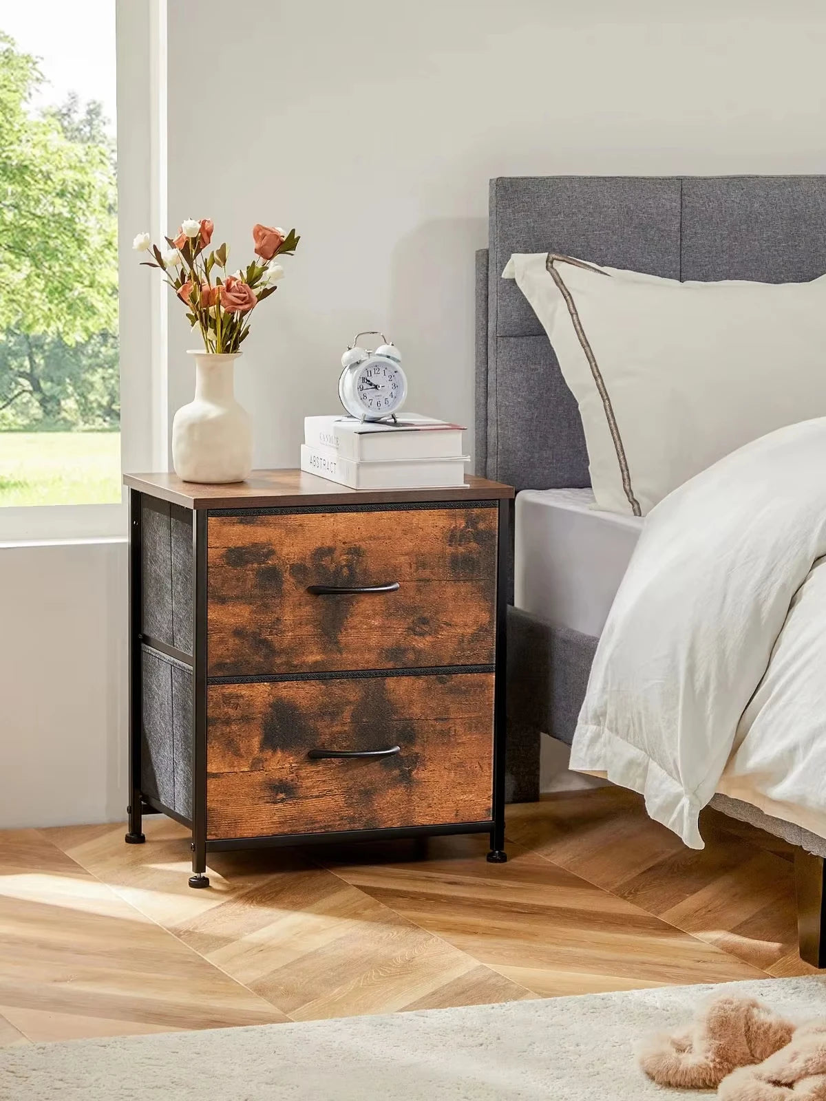JHK Nightstand Bedside Table With Two Fabric Drawers For Bedroom