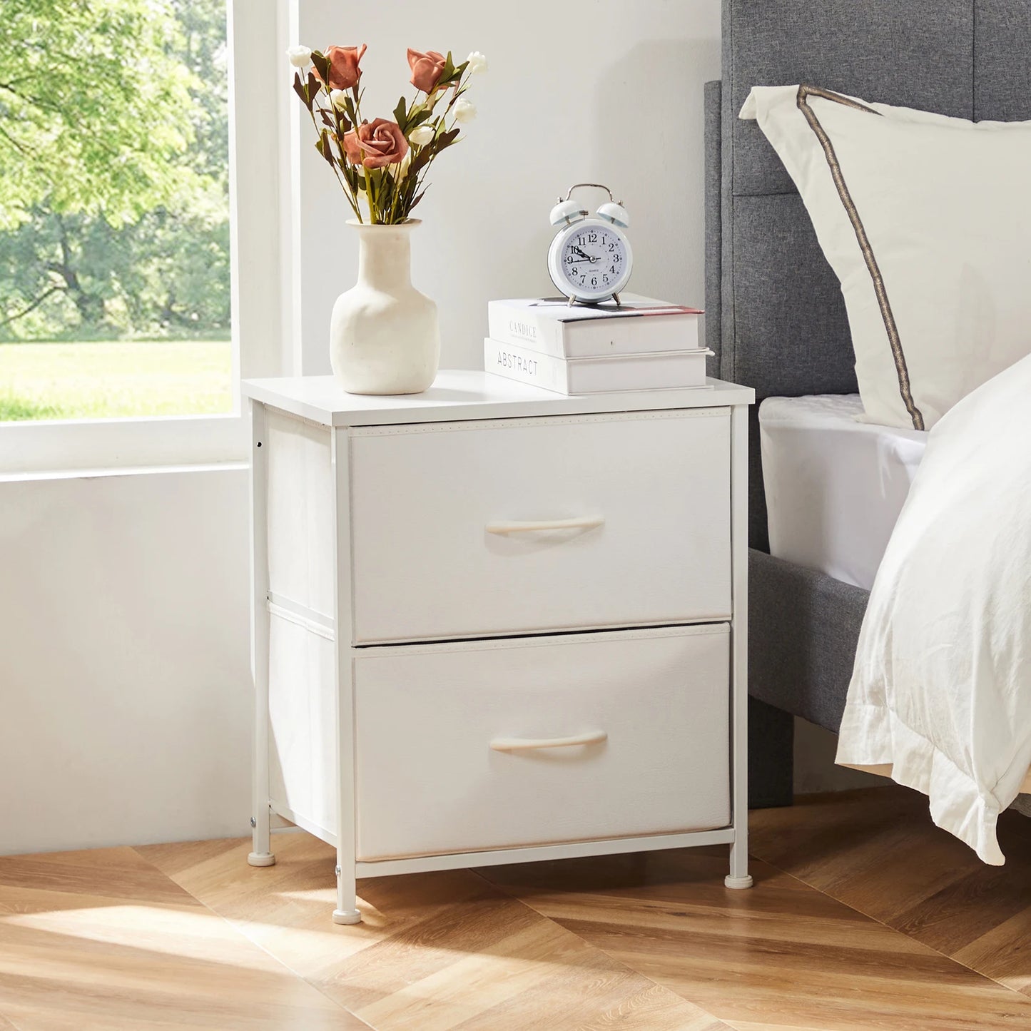 JHK Nightstand Bedside Table With Two Fabric Drawers For Bedroom