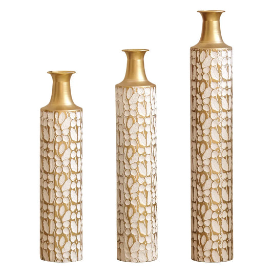 Modern Gold Leaf Pattern Metal Floor Vases Set of 3