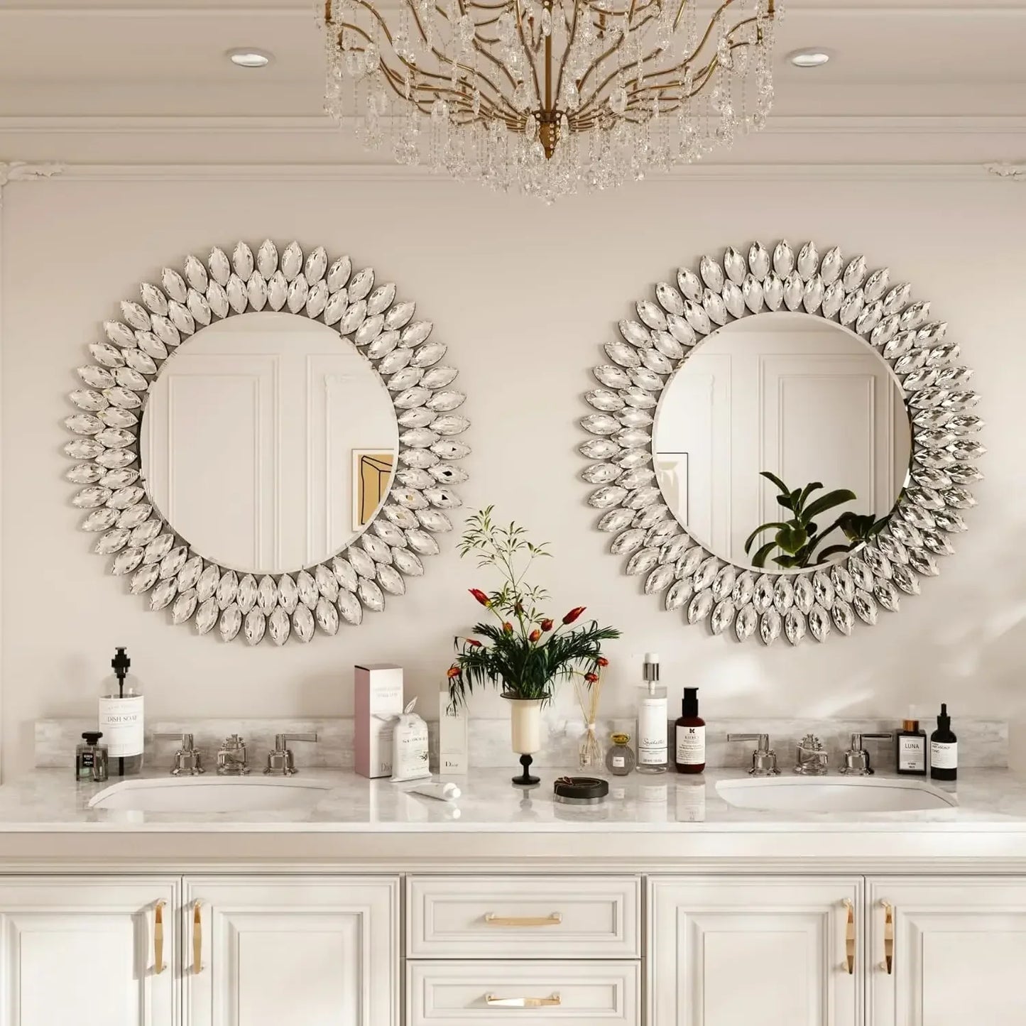 Round Jeweled Wall Mirror Beveled Vanity for Bedroom