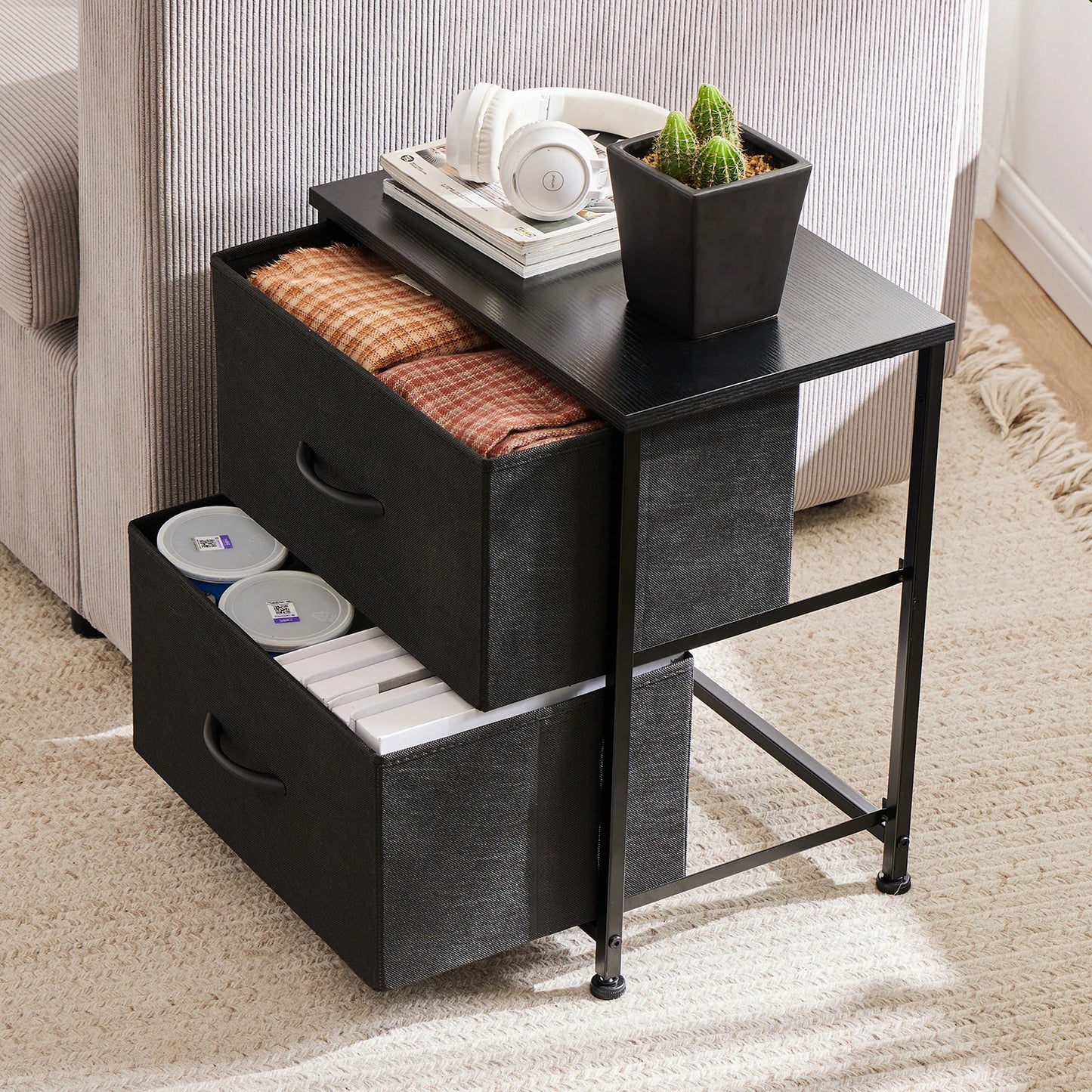 JHK Nightstand Bedside Table With Two Fabric Drawers For Bedroom