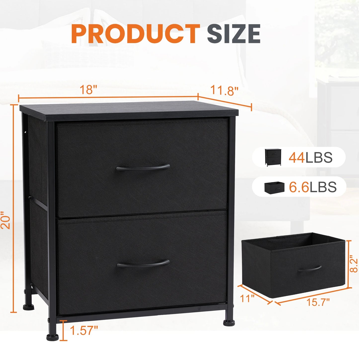 JHK Nightstand Bedside Table With Two Fabric Drawers For Bedroom