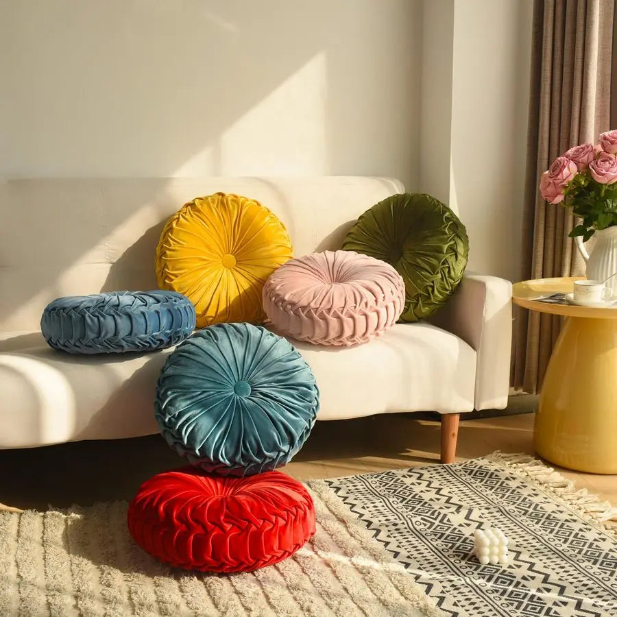 Ruched Velvet Round Throw Pillows Set Of 2 With Soft Cotton Filling