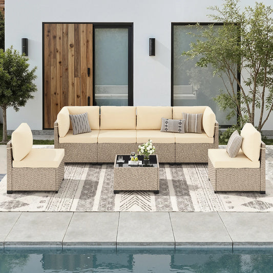Outdoor Rattan Patio Furniture Set All-Weather With Tempered Glass Table